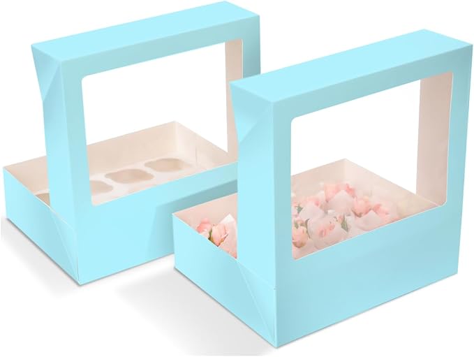 Bakepacker 12 Cupcake Containers 10-Packs Light Blue Cupcake Box Cupcakes Carrier, 12 Cupcake Boxes with Window 13"x10"x3.5"（Auto-pop up）