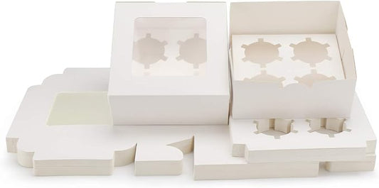 EUSOAR Muffin Boxes, 50pcs 6.4" x 6.3" Kraft Cupcake Boxes 4 Count White Color Muffin Containers, Cupcake Carrier with Insert and Display Window Fits 4 Cupcakes or Muffins