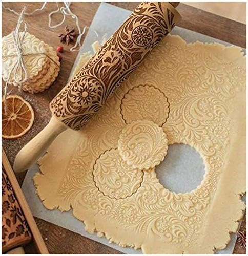 Embossed Rolling Pins Christmas Rolling Pin,3D Paisley Pattern Flower Snowflake Rattan Wooden Roll Pin Laser Engraved Rolling Pin DIY Tool for Kids and Adults to Make Cookie Dough