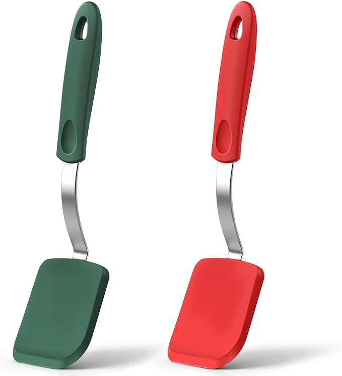 Silicone Cookie Spatula Turner 2 Pack Mini Brownie Spatula Flexible Kitchen Small Silicone Turner for Nonstick Cookware Heat Resistant No Scratch Flipper for Pancake(Solid Flat,Red, Green)