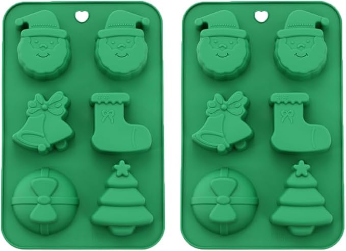 6 Cavities Silicone Cookies Biscuit Mold, Christmas Halloween Baking Candy Mold, Reusable DIY Jelly Chocolate Mold, Ice Cube Tray Wax Melt Molds(Set of 2 Green Christmas Stocking Bells)