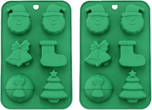 6 Cavities Silicone Cookies Biscuit Mold, Christmas Halloween Baking Candy Mold, Reusable DIY Jelly Chocolate Mold, Ice Cube Tray Wax Melt Molds(Set of 2 Green Christmas Stocking Bells)
