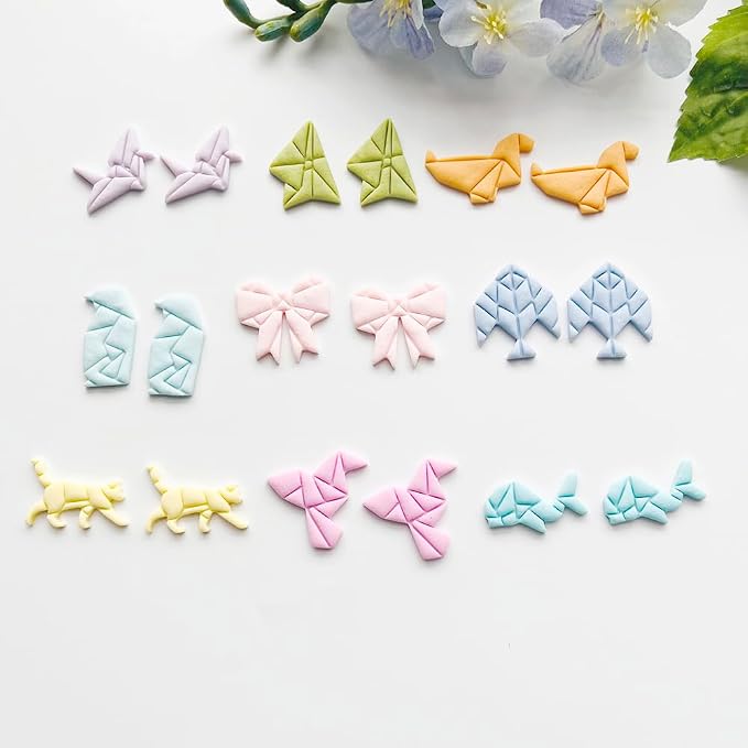 Xaekicr 9 Pcs Origami Shape Polymer Clay Cutters - Geometric Animal & Bow Cookie Cutter Set for Jewelry Making, Earring Molds, Fondant Cake Decorating & DIY Crafts