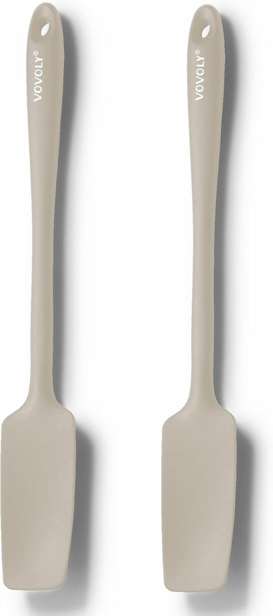2-Pack Silicone Small Jar Spatulas with Long Handle, Upgraded Heat Resistant Spatula for Non Stick Cookware, Seamless Design, Stainless Steel Core, BPA Free Spoonula, Khaki