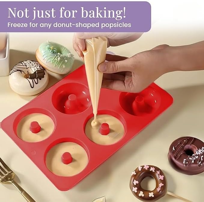 Rasakraft Donut Shape Silicone Mould, 6 Cavity, Microwave Safe Baking Tray for Fondant, Doughnuts, Muffin, Chocolate, Jelly