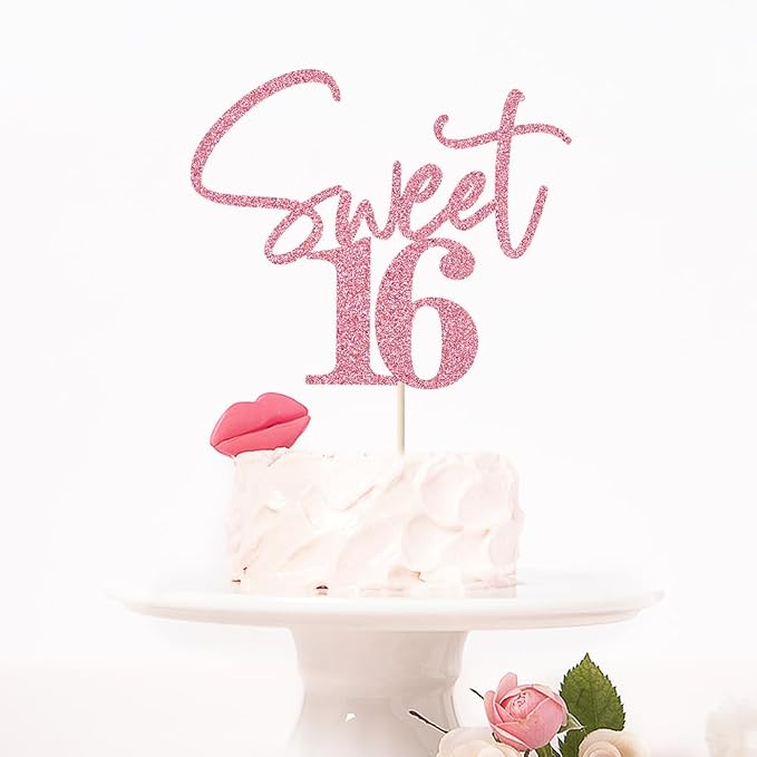 Pink Glitter Sweet 16 Cake Toppers | Happy Sweet Sixteen Birthday Party Cake Decor for Cheers to 16 Years Anniversary Party Decorations Supplies