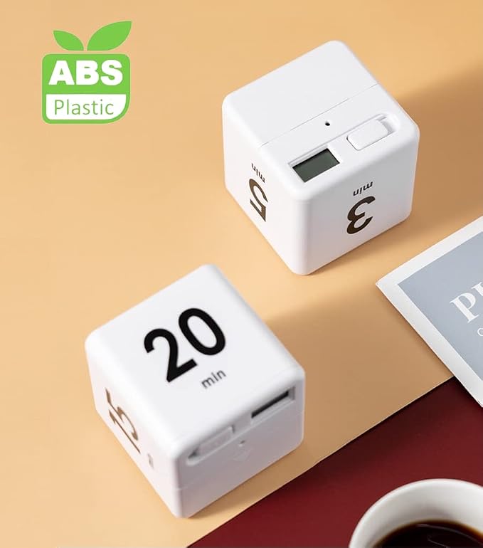 Feilifan Cube Timer, Productivity Cube Flip Timer for Kitchen Studying Workout Classroom Kids ADHD 15-20-30-60 Minute Preset, White