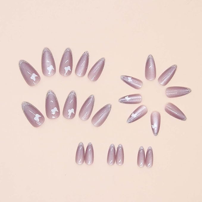 30Pcs Press on Nails Short Almond ZWENJIE Cat Eye Fake Nails Press ons Nail Tips Stick on Nails Glitter Tip Acrylic Nails Kit French False Nails with Sea Blue Design Nail Art for Women Manicure