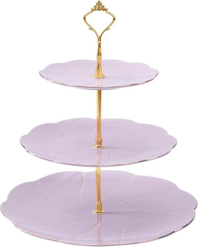 DUJUST Luxury Larger 3-Tier Cupcake Stand Tower, British Style Porcelain Serving Tray with Golden Trim, Food Grade Dessert Display Stand for Tea Party & Home Décor - 45% Purple Larger Plates