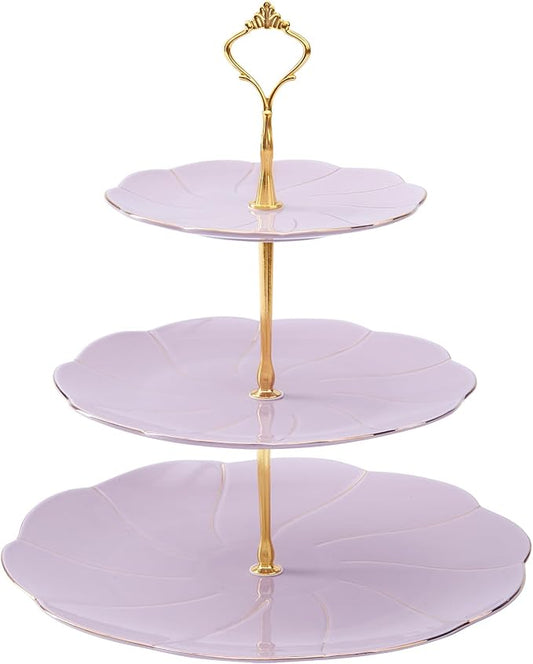DUJUST Luxury Larger 3-Tier Cupcake Stand Tower, British Style Porcelain Serving Tray with Golden Trim, Food Grade Dessert Display Stand for Tea Party & Home Décor - 45% Purple Larger Plates