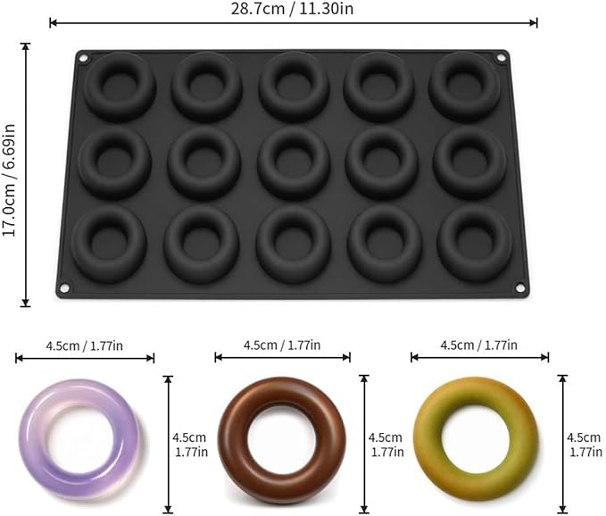 15 Cavity Mini Donut Ring Silicone Mousse Cake Mold, Round Hollow Circle Baking Mold, Non-Stick Food Grade Silicone Tray for Chocolate, Mousse, Ice Cream, Pudding, Dessert Pastry(Black)