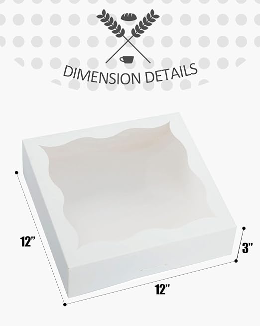 qiqee Auto-pop Up 24Packs White Pie Boxes with Window 12x12x3 Inch Cookie Donut Bakery Box