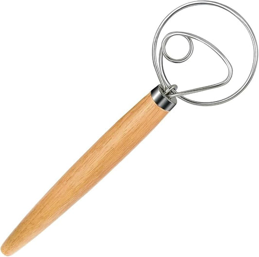 Polly Online Dough Whisk,Wooden Handle Danish Sourdough Whisk with Stainless Steel Dough Hook for Bread, Pastry or Pizza Dough 13 Inch 1-PACK