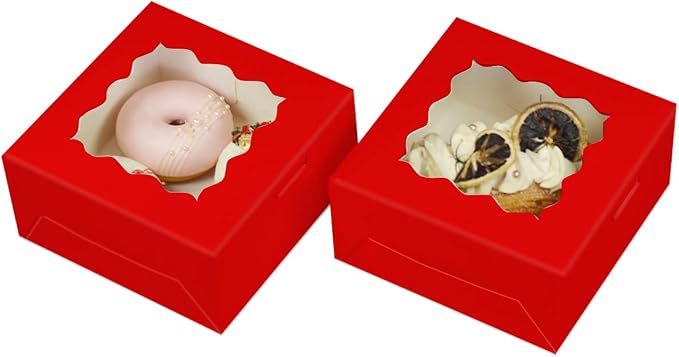 Bakepacker 60pcs Red Cookie Boxes 6x6x3 inches Easy Assemble Macaroon Pastry Boxes Bakery Boxes with Window for Bakery
