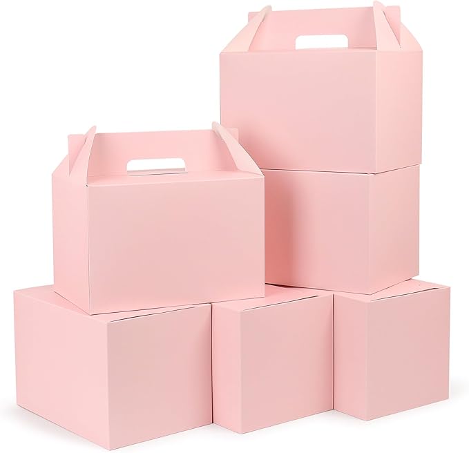 TryDrem 50 Pack Large Gable Boxes with Handles, 9x6x6 Inch Spacious Capacity Party Favor Boxes, Pink Treat Box for Gifts, Bread, Cookies, Lunch, Bakery, Wedding, Birthday, Picnic
