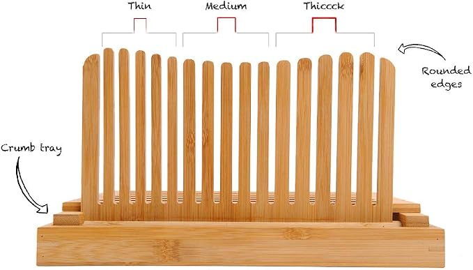 GloBamboo Bamboo Bread Slicer with Cutting Board For Homemade Bread, Adjustable, Compact, Foldable and Customizable Loaf/Cakes/Bagel Slicer, 3 Slice Sizes with Serving and Crumb Catcher Tray