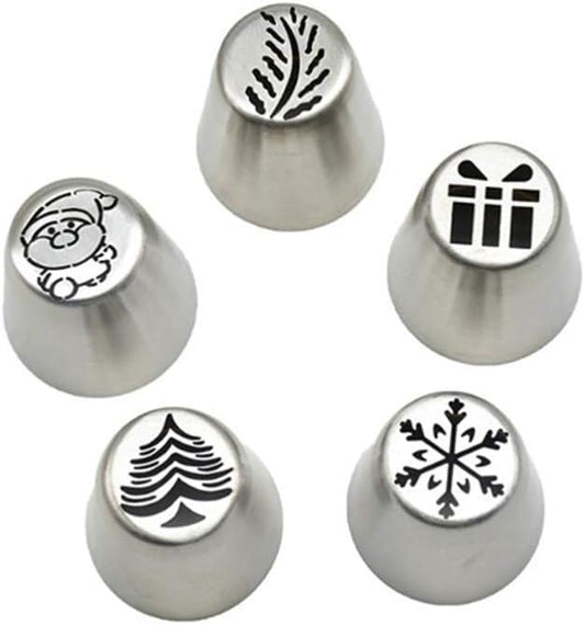 UPKOCH 5 Pcs Snowflake Piping Tips Set - Stainless Steel Russian Piping Tips Holiday Cookie, Cupcake, Cake Decorating - DIY Baking Tools with Christmas Frosting Nozzles