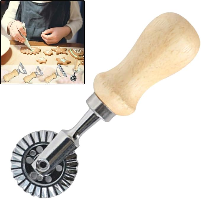 1pc Ravioli Stamp Maker Cutter Ravioli Maker Stamp Pasta Cutters Wooden Handle and Fluted Cake Pastry Mould Biscuits Dumpling Skin Molding,One Size