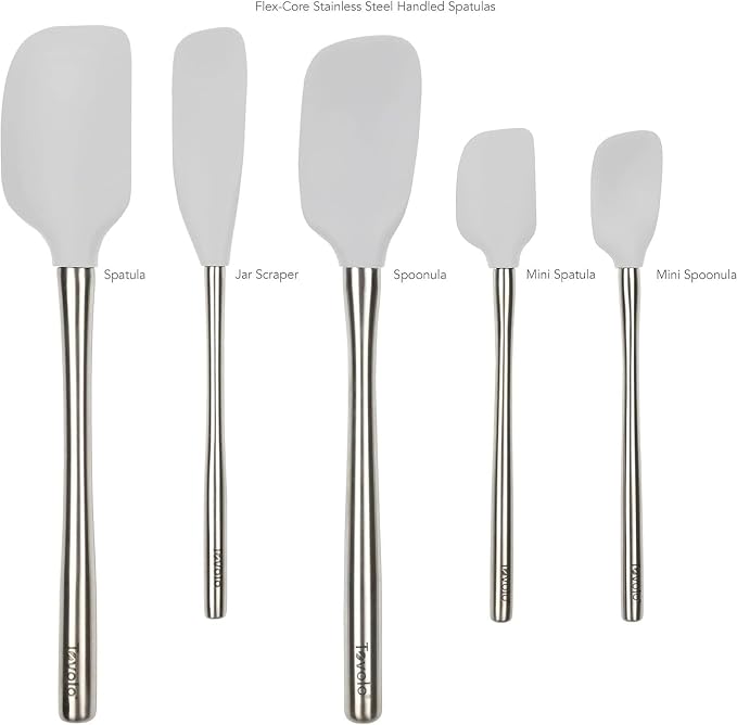 Tovolo Stainless Steel Handled Silicone Spatula Set of 5 Oyster Gray, Dishwasher Safe Kitchen Spatula Set for Cooking Baking, Non Toxic BPA Free Silicone Spatula set with Metal Steel Handle