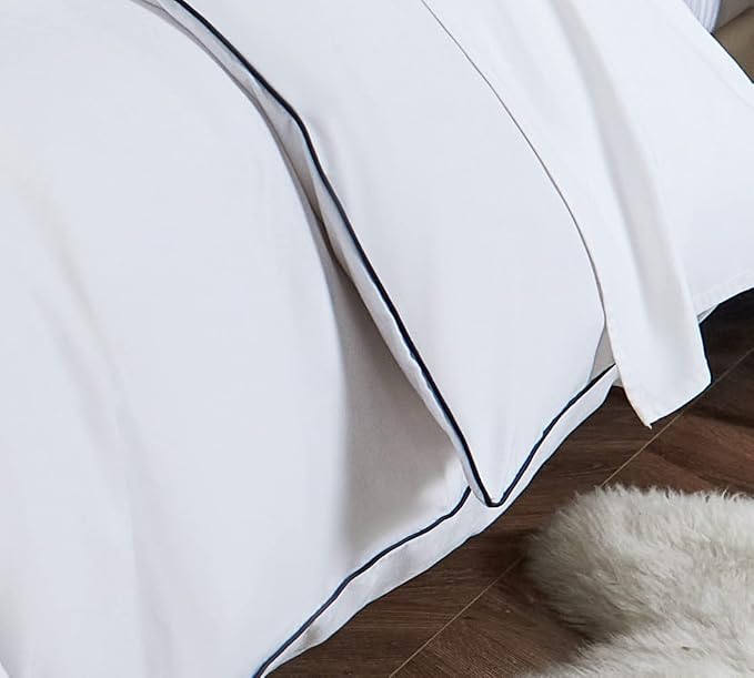 DAUAOTO Duvet Cover Full/Queen Set, White with Decorative Navy Piping Microfiber Bedding, 1 90"X90" Cover + 2 20"X26" Shams