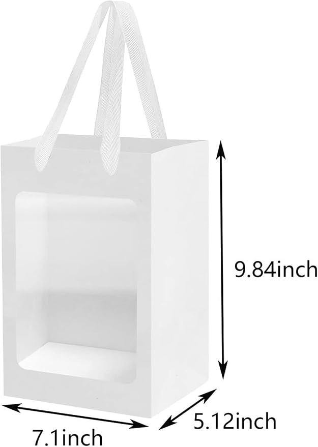 12Pcs White Paper Gift Bags with Transparent Window, 9.84"x7.0"x5.12" | Kraft Shopping Bags with Handles for Bouquet Christmas Birthdays Festivals Party Weddings Wrapping