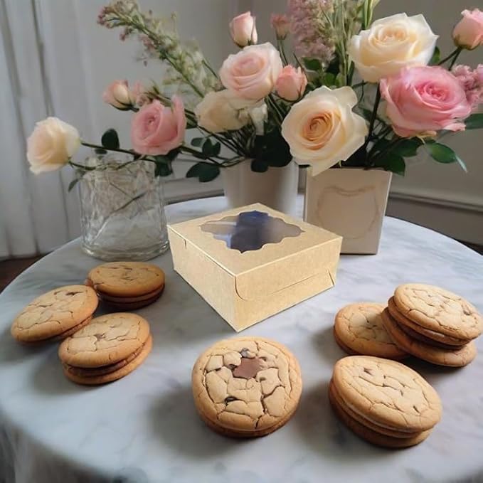 Generic 30Pcs (6x6x3 in) Mini Cake Boxes+2 stickers with Display Window for Gift Giving, Bakesale, Cupcakes, Dessert, Cookies, Pie, Macaroons, Donuts, Pastry, Kraft Paper Material… (30Pcs kraft)