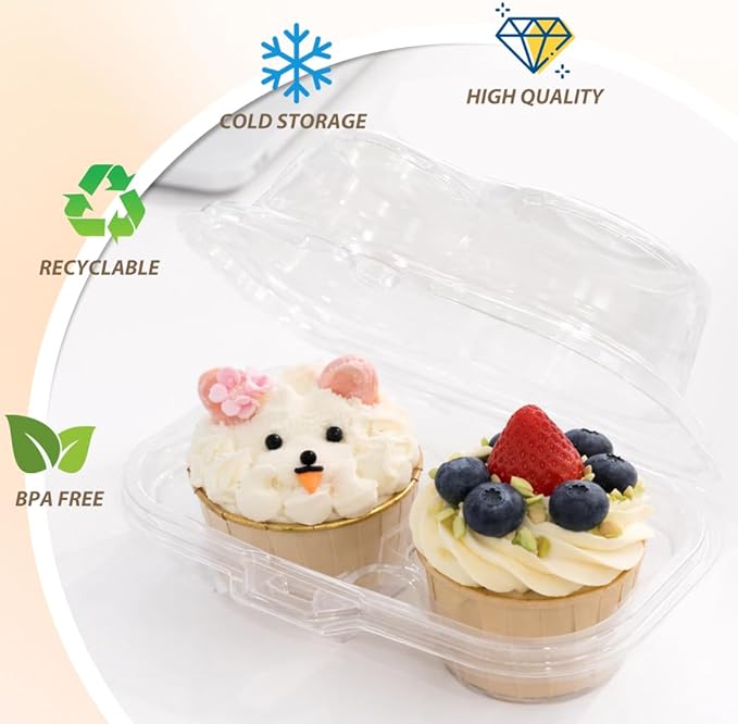 WIKDAY 2 Count Cupcake Containers with Lids, 25 Pack Stackable cupcake holders Clear Plastic Dessert Boxes for 50 Cupcakes, Muffins