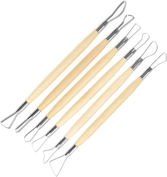 Culnflun Double Sided Clay Sculpting Tools, 6Pcs Wooden Handle Ribbon Clay Modeling Tools Ceramic Pottery Ribbon Sculpting Shaping Craft Kit for Fondant, Cake, Ceramic, Dough