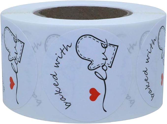 Hybsk Rustic Baked with Love Stickers with Wreath Around 1.5" Inch Round Total 500 Adhesive Labels Per Roll(Glossy)