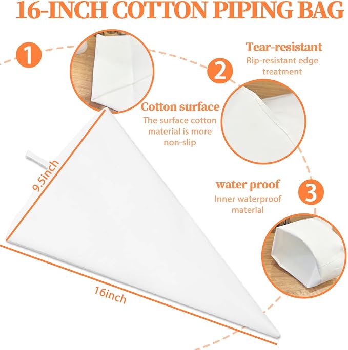 14PCS Reusable Piping Bags and Tips Set-16Inch HeavyDuty Cotton Pastry Bags | With 7Steel Piping Tip Nozzles,Durable Non Slip,Leakproof,Cotton Icing Bags for Cake Decorating,Cookies,Churros,Filling Puff