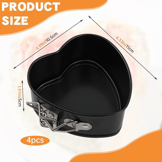 Heart Springform Pans 4 Inch, Set of 4 Mini Cheesecake Pans, Nonstick | Removable bottom, Spring latch release, Carbon steel with nonstick coating, Oven safe 445F, Hand wash recommended