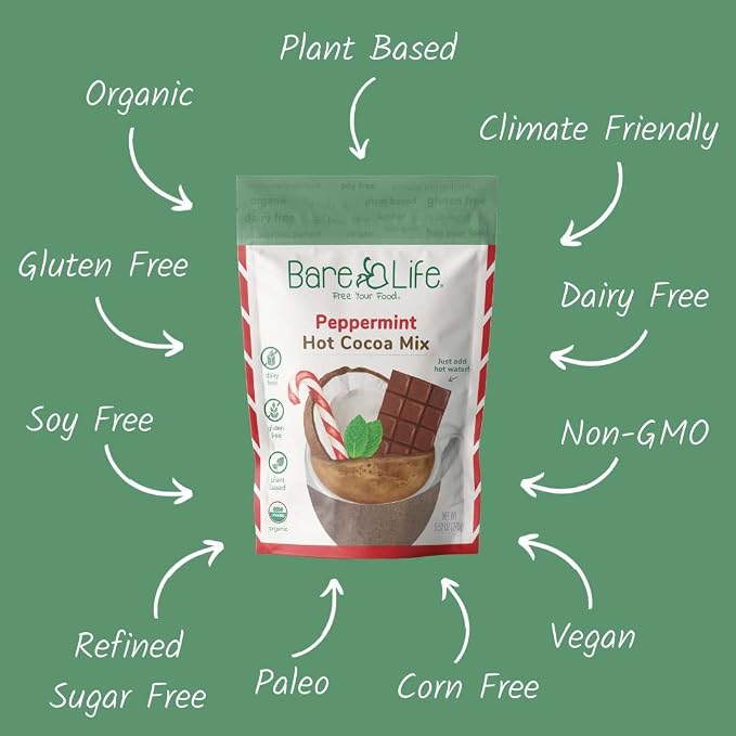 Bare Life Organic Peppermint Hot Cocoa Mix, Dairy Free Hot Cocoa Mix, Vegan Hot Chocolate Powder, Gluten Free, Kosher Pareve, Just Add Hot Water, 9.52 oz Pouch