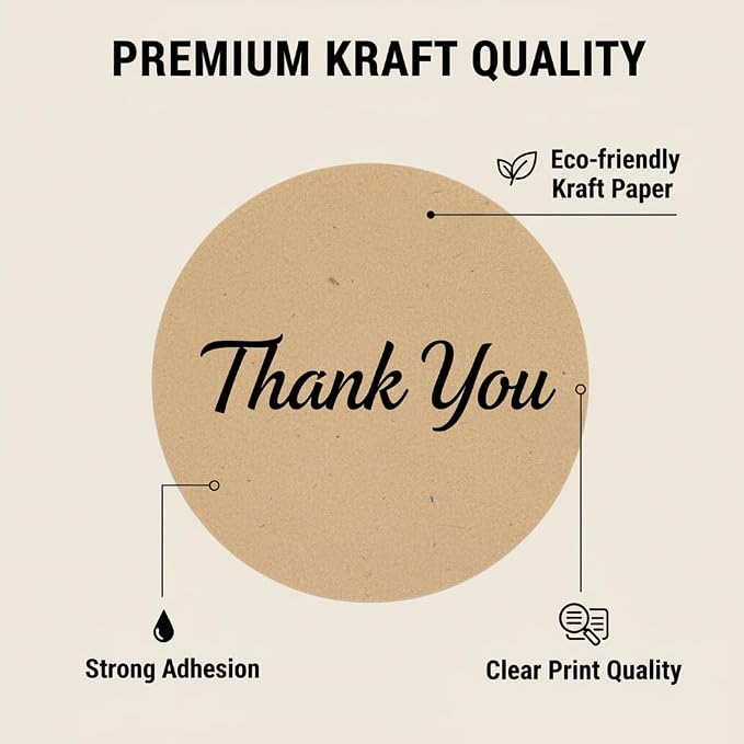 500pcs Thank You Stickers Roll – 1.5" Round Kraft Paper Labels with Black Script – Self-Adhesive Stickers for Small Business Packaging, Paper Bags, Gift Boxes Envelopes