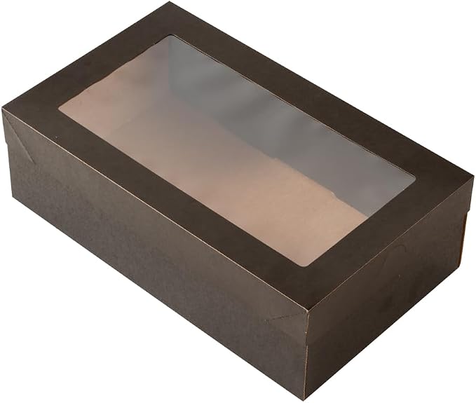 Restaurantware Cater Tek 10.2 x 6.1 x 3.2 Inch Baked Goods Boxes 100 Greaseproof Pastry Boxes - Window Lids Insert Tab Lock Black Paper Catering Boxes Easy Assembly For Charcuterie Or Cupcakes
