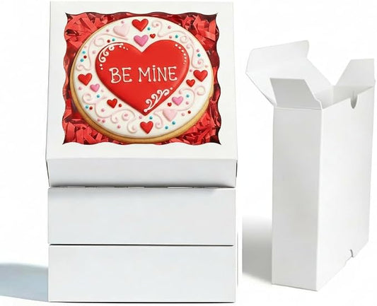 NEKSUNBAK 100PCS 5 x 5 x 1.2 inch White Cookie Boxes, Small Gift Boxes with Display Window, Treat Boxes for Macaron, Donuts, Any Holidays & Party Favors