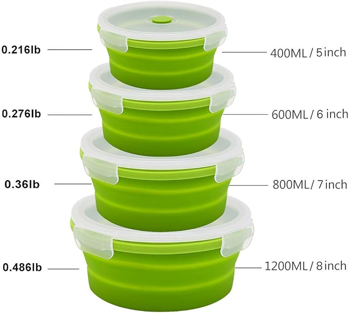 URBEST Collapsible Bowls, Silicone Food Storage Containers with Lids for Camping, Set of 4 Round Silicone Lunch Containers, Microwave and Freezer Safe (greener， 4)