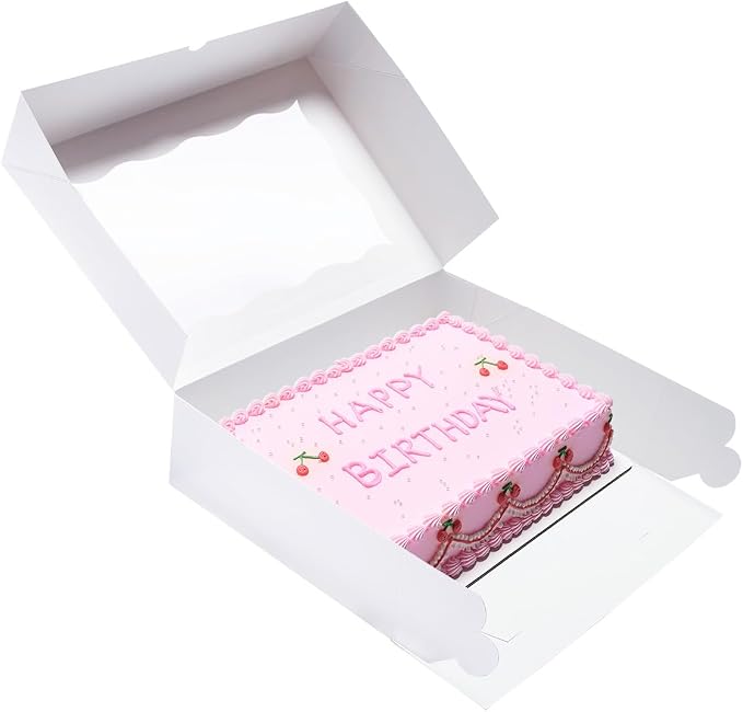 15 Pack 14x10x3.75 Inch Auto-Popup Large Rectangle Cake Boxes with Cake Boards, White Bakery Boxes for Quarter Sheet Cakes,Cupcakes, Brownie,Pie & Donuts