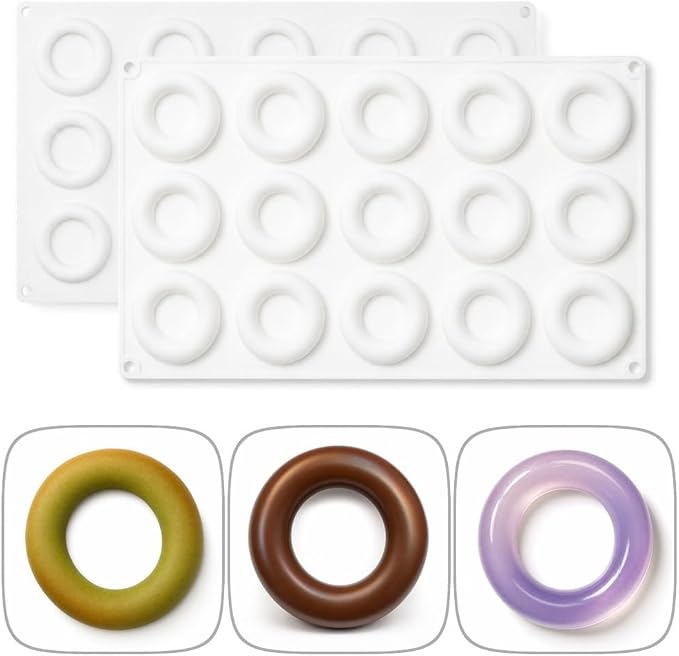 15 Cavity Mini Donut Ring Silicone Mousse Cake Mold, Round Hollow Circle Baking Mold, Non-Stick Food Grade Silicone Tray for Chocolate, Mousse, Ice Cream, Pudding, Dessert Pastry(White)