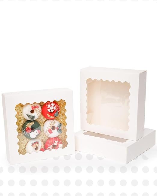 qiqee Auto-pop Up 90pcs White Pastry Box With Window Donut Pie Boxes 8"x8"x2.5" Bakery Box