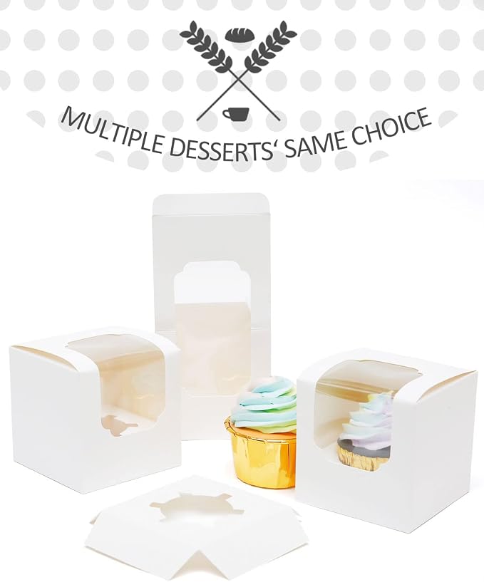 qiqee 60-Packs Cupcake Boxes Auto-pop up Individual Cupcake Container White 3.5" x 3.5" x 3.5" Single Cupcake Boxes