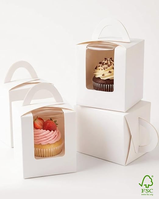 qiqee Auto-pop White Cupcake Boxes Individual Disposable 3.7"x3.7"x4.5" 200pcs Cupcake Disposable Single Box with Window