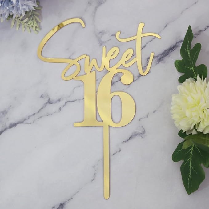 Sweet 16 Cake Toppers Mirror acrylic gold | Happy Sweet Sixteen Birthday Party Cake Decor for Cheers to 16 Years Anniversary Party Decorations Supplies