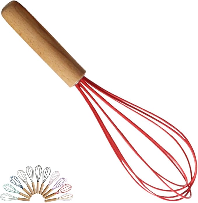 1-Piece Red Silicone Whisk with Wooden Handle BRIIEC 10-inch Non Stick Balloon Whisk Egg Beater for Pancake Batter, Eggs and Egg Whites, Cake Mix, Blending, Gravy and Sauces