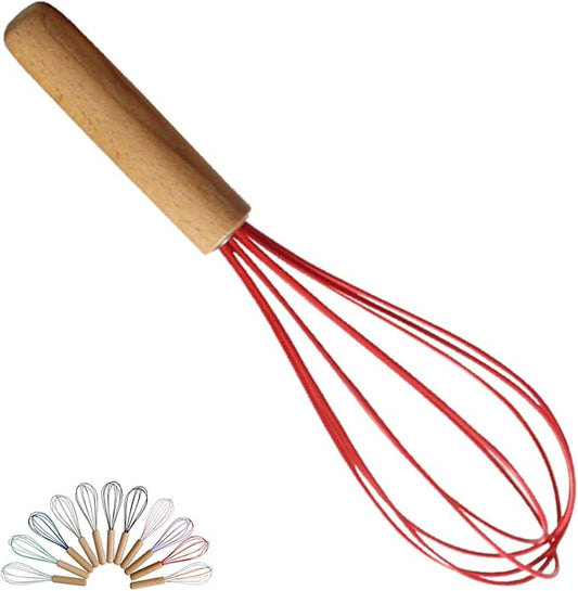 1-Piece Red Silicone Whisk with Wooden Handle BRIIEC 10-inch Non Stick Balloon Whisk Egg Beater for Pancake Batter, Eggs and Egg Whites, Cake Mix, Blending, Gravy and Sauces