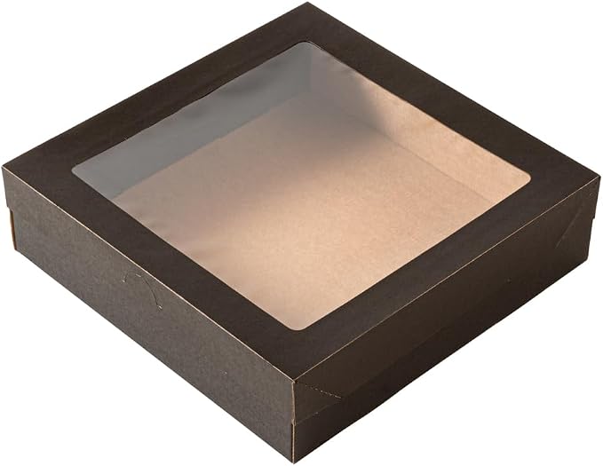 Restaurantware Cater Tek 9 x 9 x 2.4 Inch Baked Goods Boxes 10 Greaseproof Pastry Boxes - Window Lids Insert Tab Lock Black Paper Catering Boxes Easy Assembly For Charcuterie Or Cupcakes