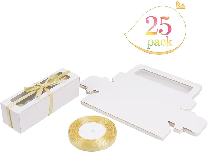 NPLUX Macaron Boxes, 25 Pack White Dessert Boxes with Clear Window and Ribbon, 7.2 x 2.1 x 1.9 In, Fits 5 to 7 Macarons, Bakery Packaging Boxes for Gifts, Cookies, Graduation Gifts Party Favors