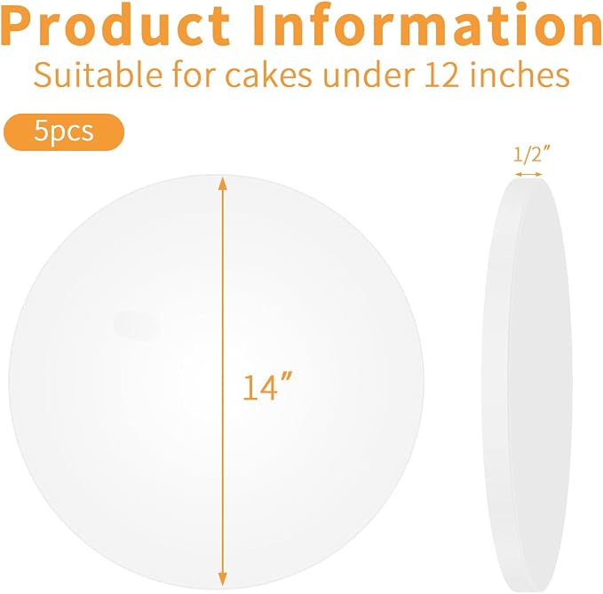 JCD 5pcs Large Cake Boards Drum 14 Inch Round, 1/2" Thick Cake Drums, Cake Decorating Supplies Sturdy Cake Corrugated Cardboard for Multi-Layer Cakes(14inch/5pcs)
