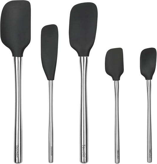 Tovolo Stainless Steel Handled Silicone Spatula Set of 5, Dishwasher Safe Kitchen Spatula Set for Cooking Baking, BPA Free Silicone Spatula set with Metal Steel Handle, Black