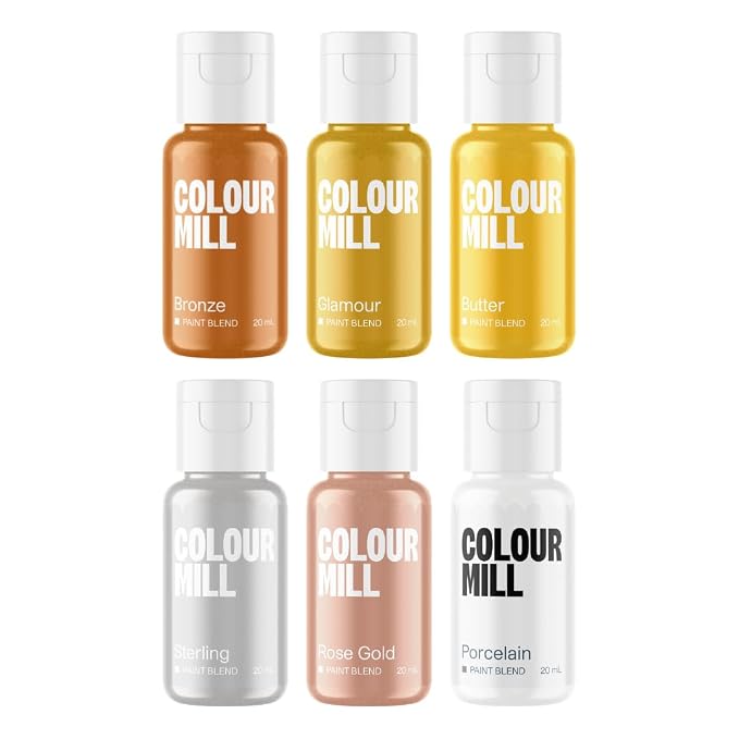 Colour Mill Edible Food Paint Blend 20 mL – Metallics Pack | 6 Dessert-Coating Colors: Bronze, Butter, Glamor, Porcelain, Rose Gold & Sterling