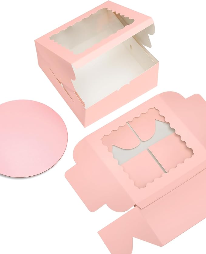 Bakepacker 8x8x5 Inches 36pcs Matte Pink Cake Boxes with Window 18-Packs (18 Boxes +18 Cake Boards Included)